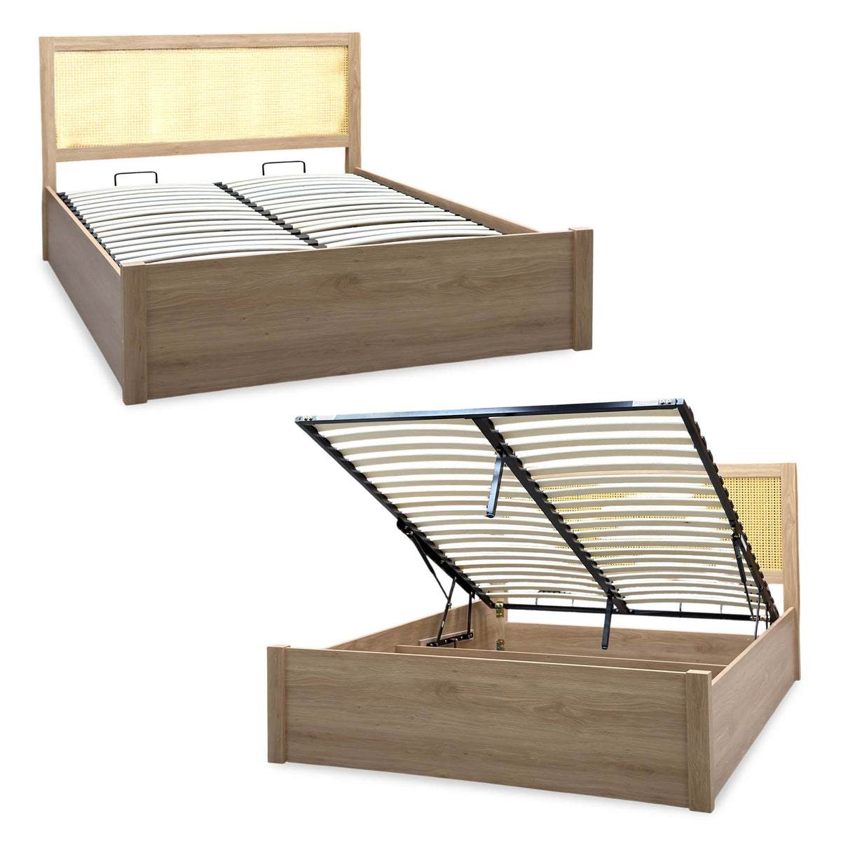 Hamish oak king size end lift ottoman bed shown closed and with the slatted base lifted