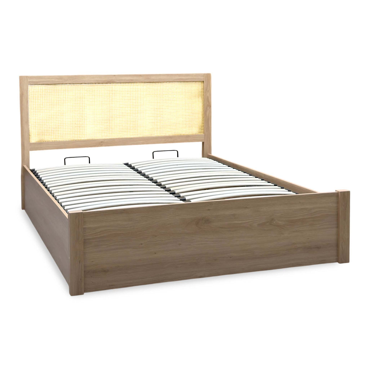 Hamish oak king size ottoman bed angled from the left showing the woven rattan headboard panel