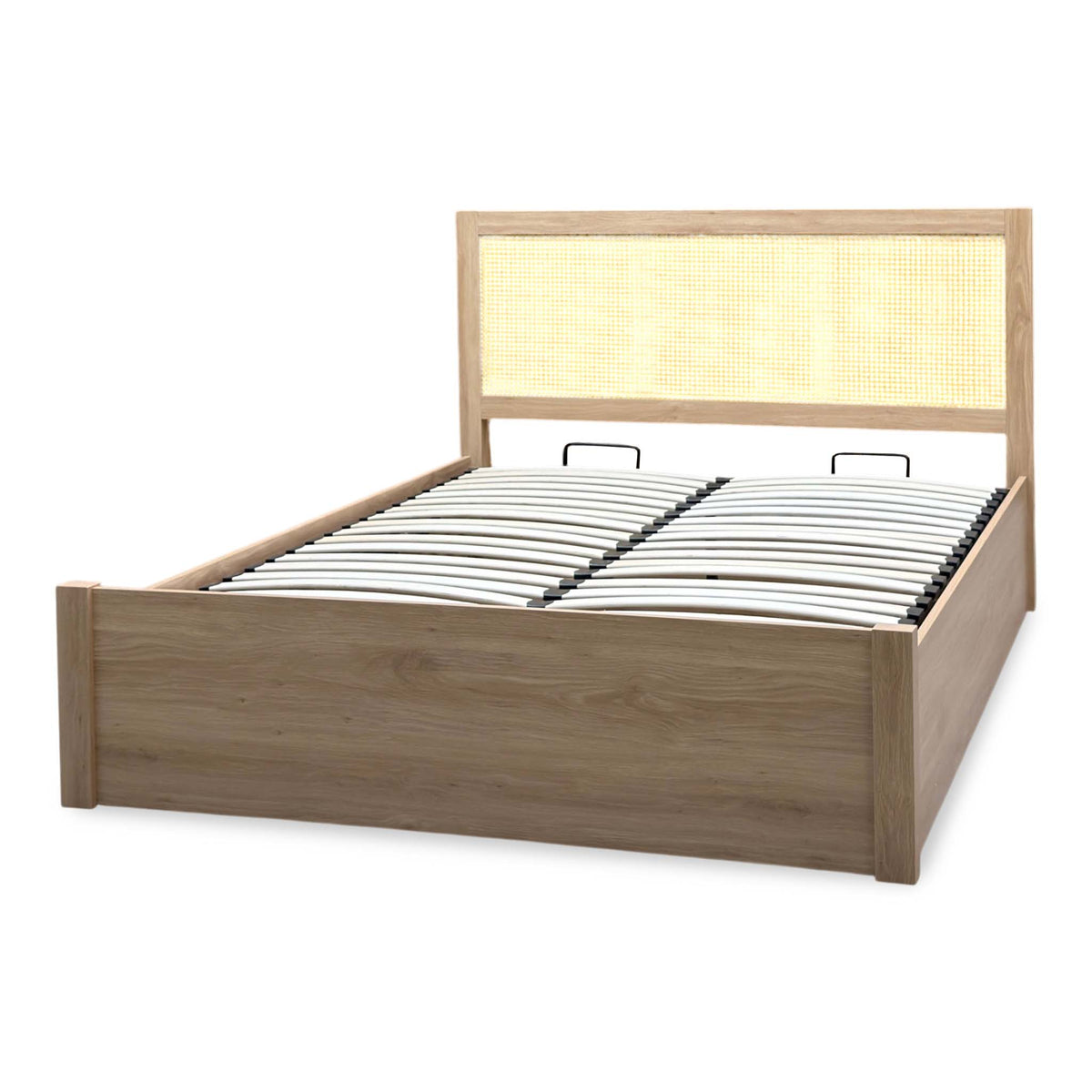 Hamish oak king size ottoman bed angled from the right with the sprung slats closed
