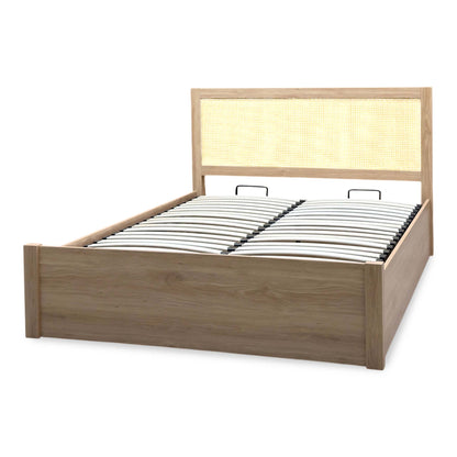 Hamish oak king size ottoman bed angled from the right with the sprung slats closed