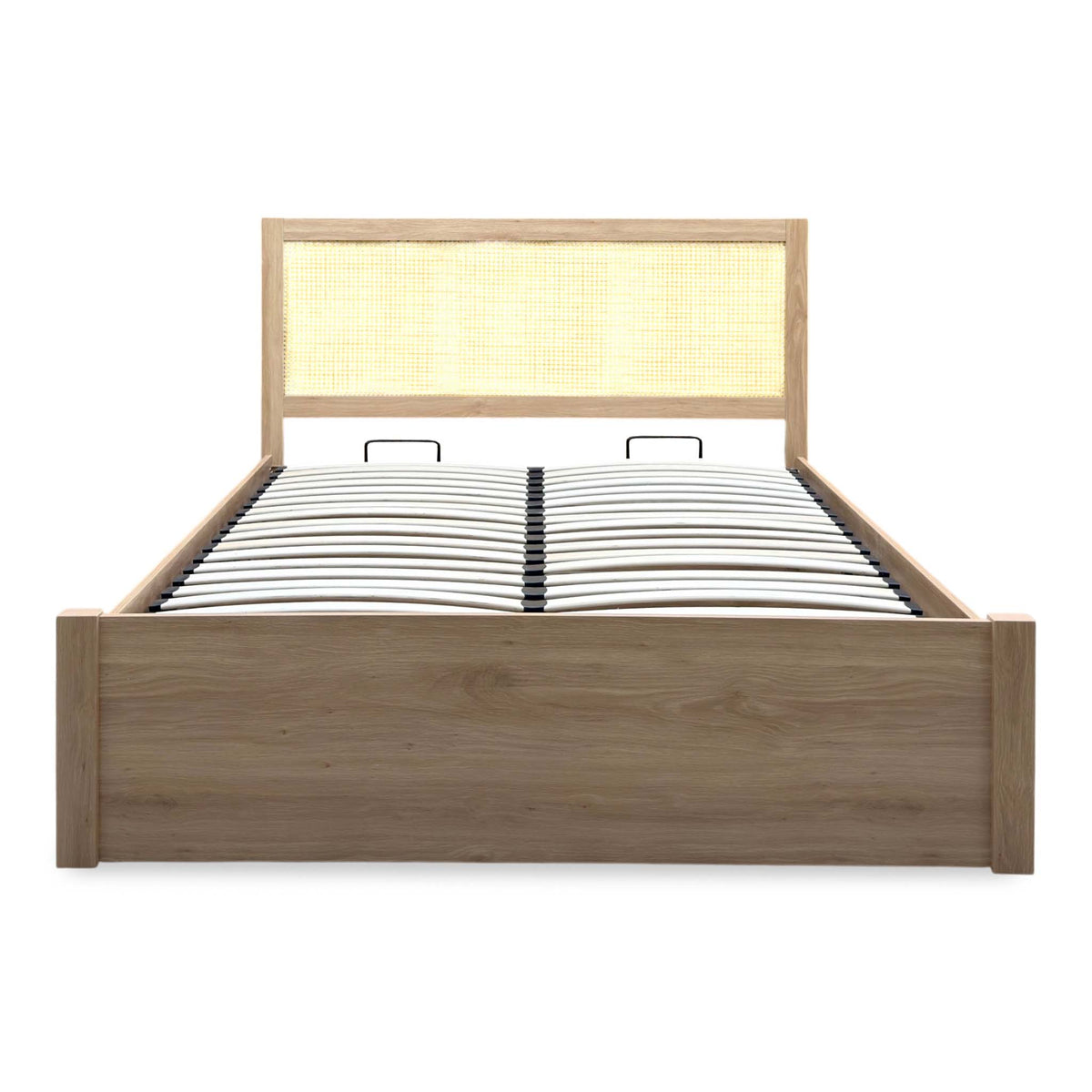 Front view of the Hamish oak king size end lift ottoman bed with the rattan headboard