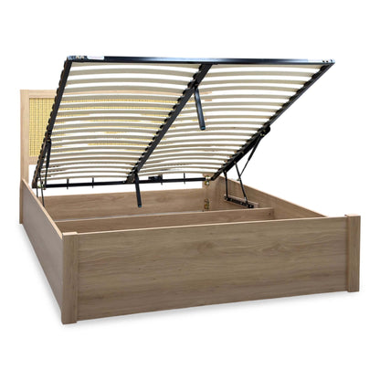 Hamish oak king size ottoman bed with the end lift raised to show the open storage base