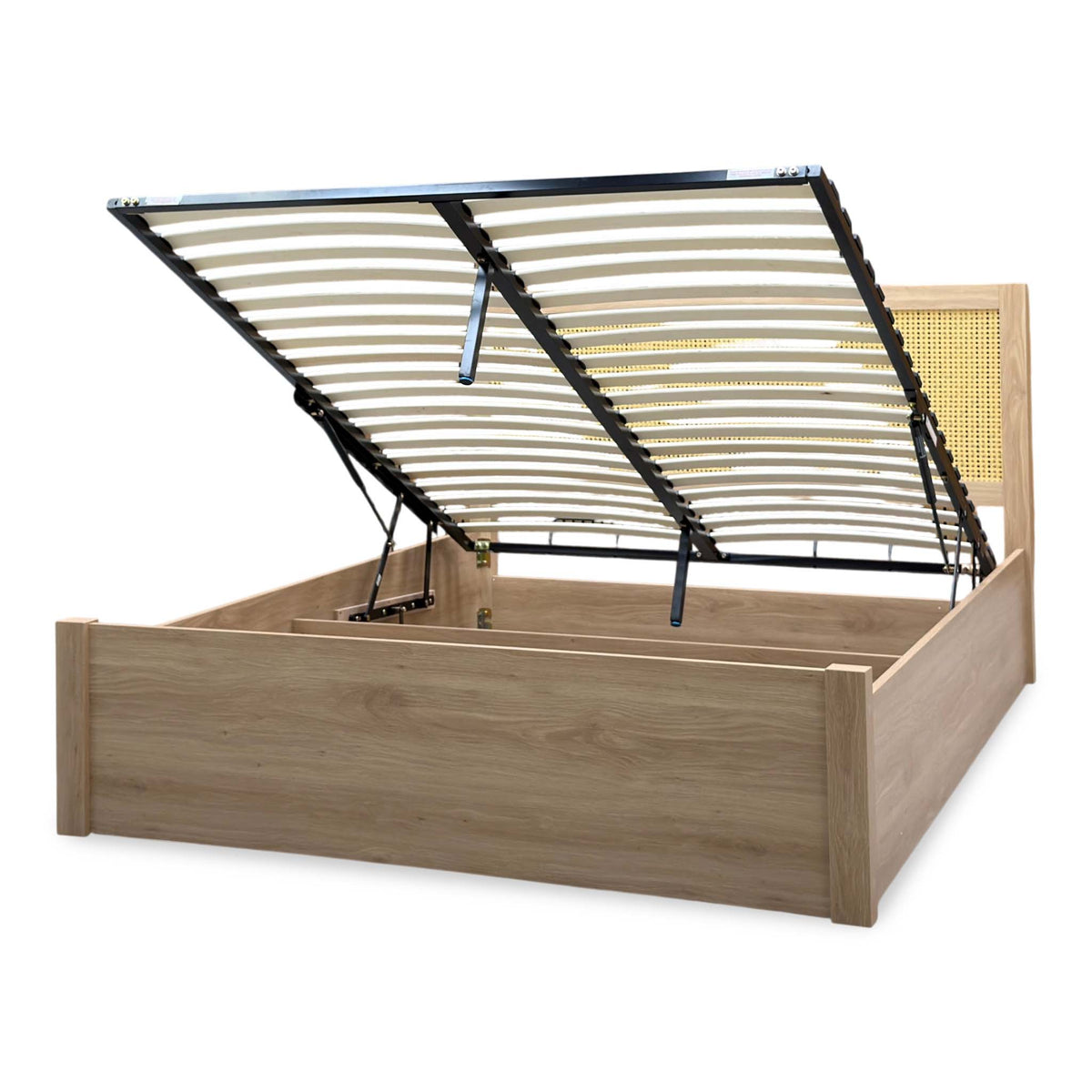 Hamish oak king size ottoman bed open storage, seen from the right with the gas lift raised