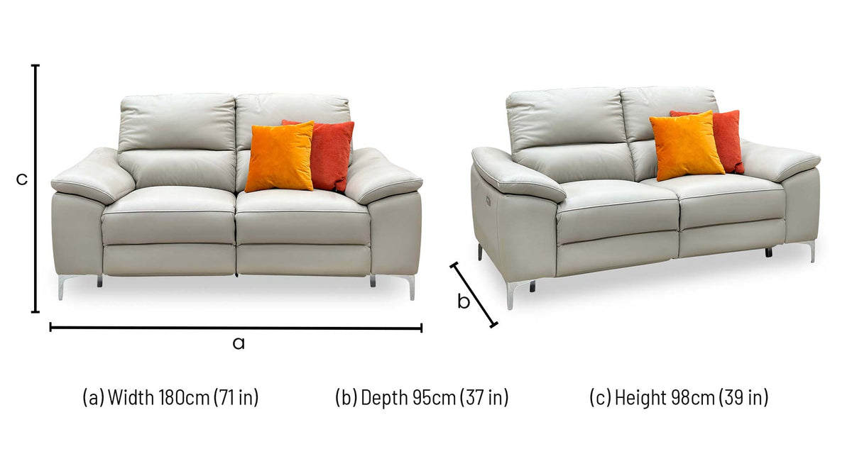Pavilion soft grey leather 2 seater recliner sofa dimensions: width 180cm, depth 95cm, height 98cm