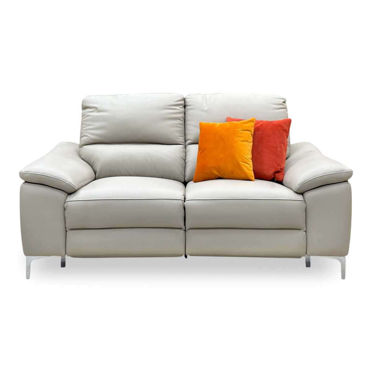 Front view of the Pavilion soft grey leather 2 seater power recliner sofa with chrome legs