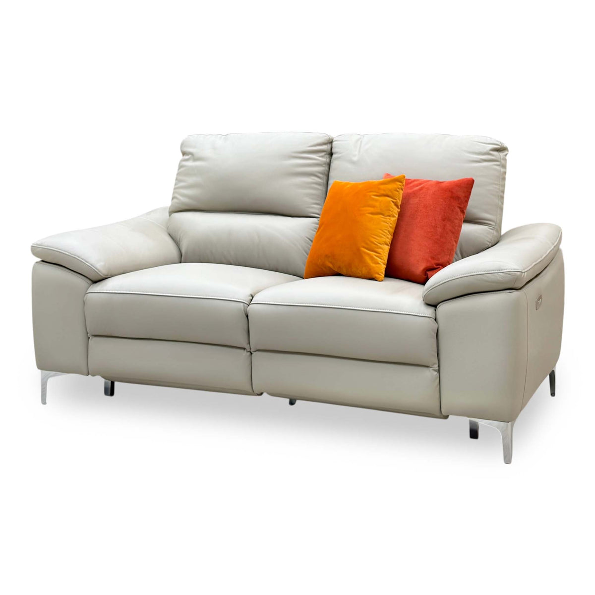 Pavilion soft grey leather 2 seater recliner sofa angled from the right, power button visible on the arm