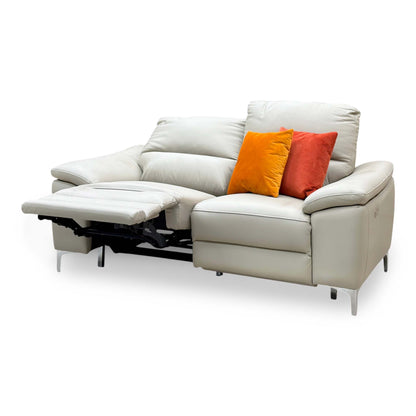 Pavilion soft grey leather recliner sofa angled from the right with the left seat in the reclined position