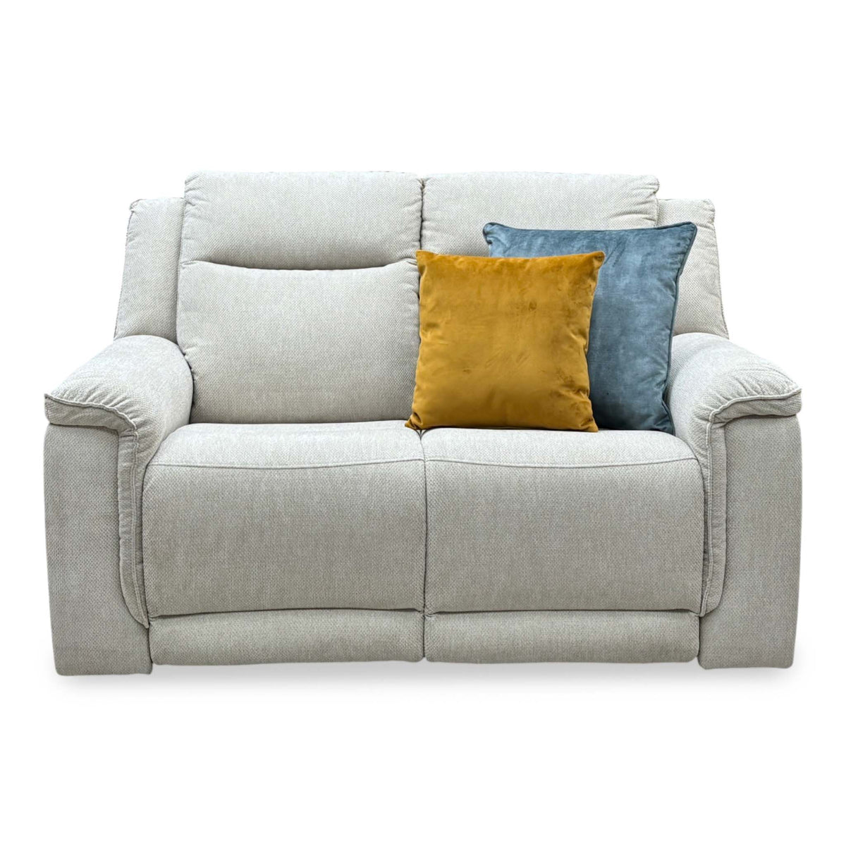 Front view of the Miro natural fabric 2 seater manual recliner sofa with scatter cushions