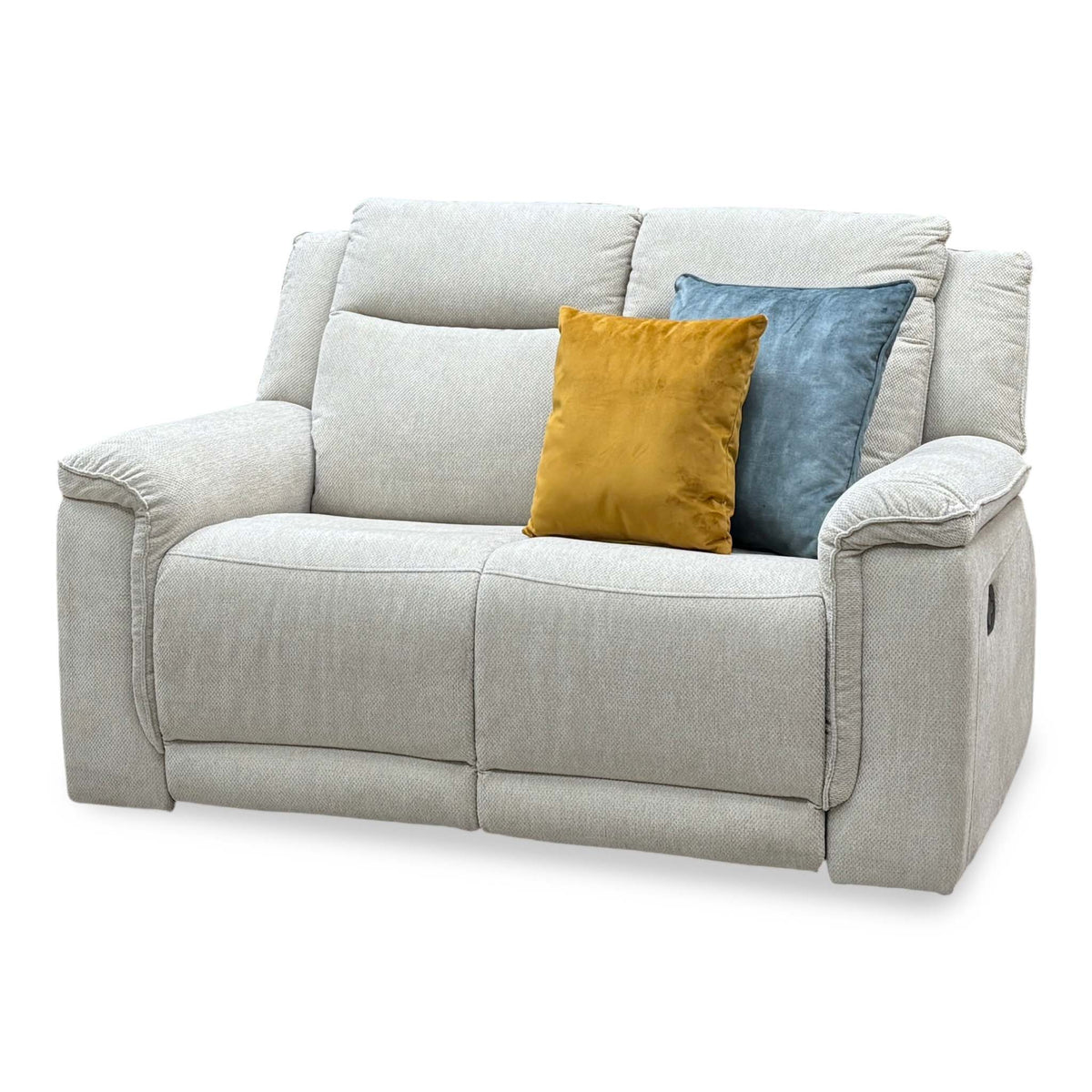 Miro natural fabric 2 seater recliner sofa angled from the right, showing the recliner handle