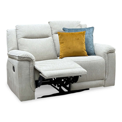Miro natural fabric 2 seater manual recliner sofa, angled view with the left seat reclined