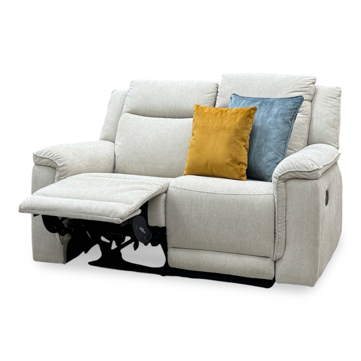 Miro natural fabric 2 seater manual recliner sofa from the right with the left-hand seat reclined