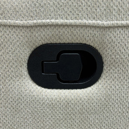 Close-up of the black pull handle on the Miro natural fabric manual recliner sofa