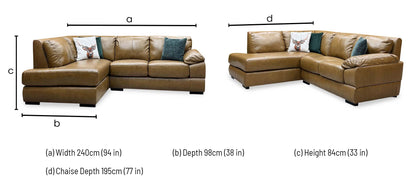 Marlow tan brown leather corner chaise sofa dimensions: width 240cm, depth 98cm, height 84cm, chaise depth 195cm