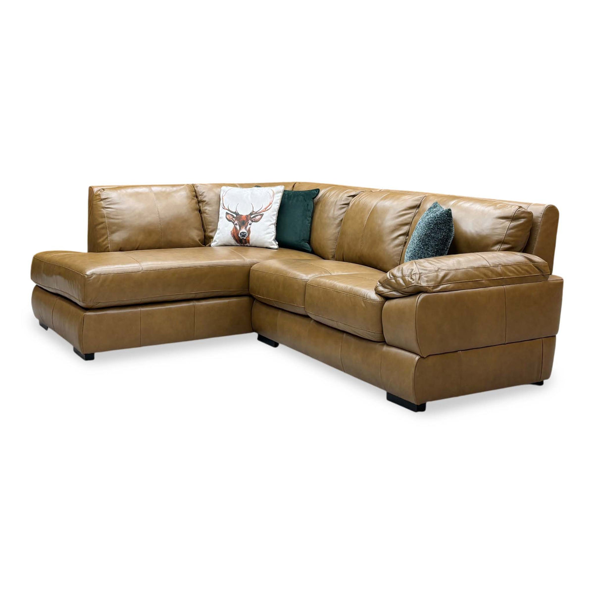 Side angle of the Marlow tan brown leather left hand corner chaise sofa showing the padded right arm and chaise end