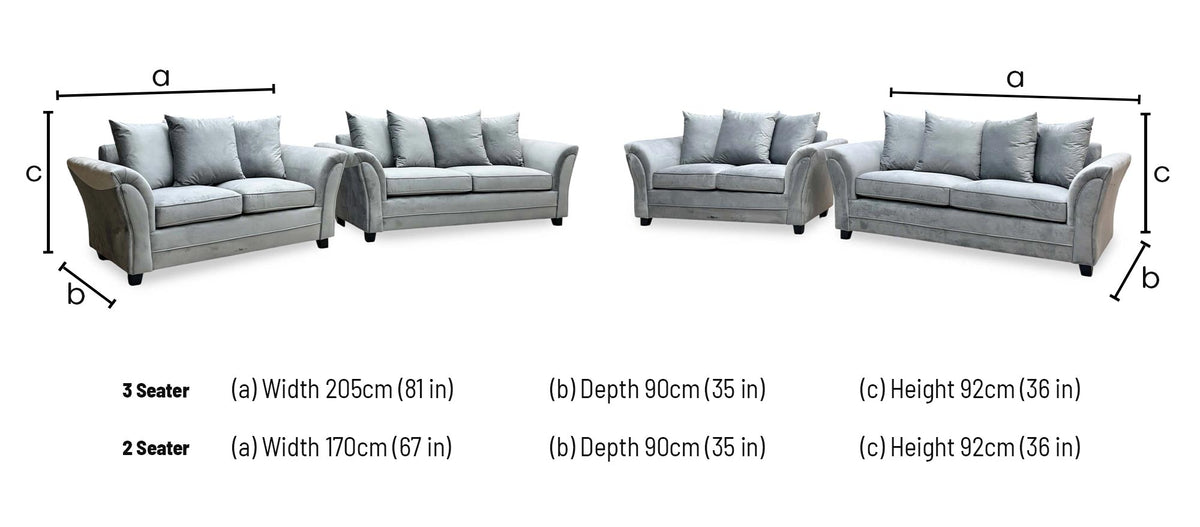 Leila grey velvet sofa set dimensions: 3 seater width 205cm, 2 seater width 170cm, depth 90cm, height 92cm
