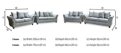 Leila grey velvet sofa set dimensions: 3 seater width 205cm, 2 seater width 170cm, depth 90cm, height 92cm