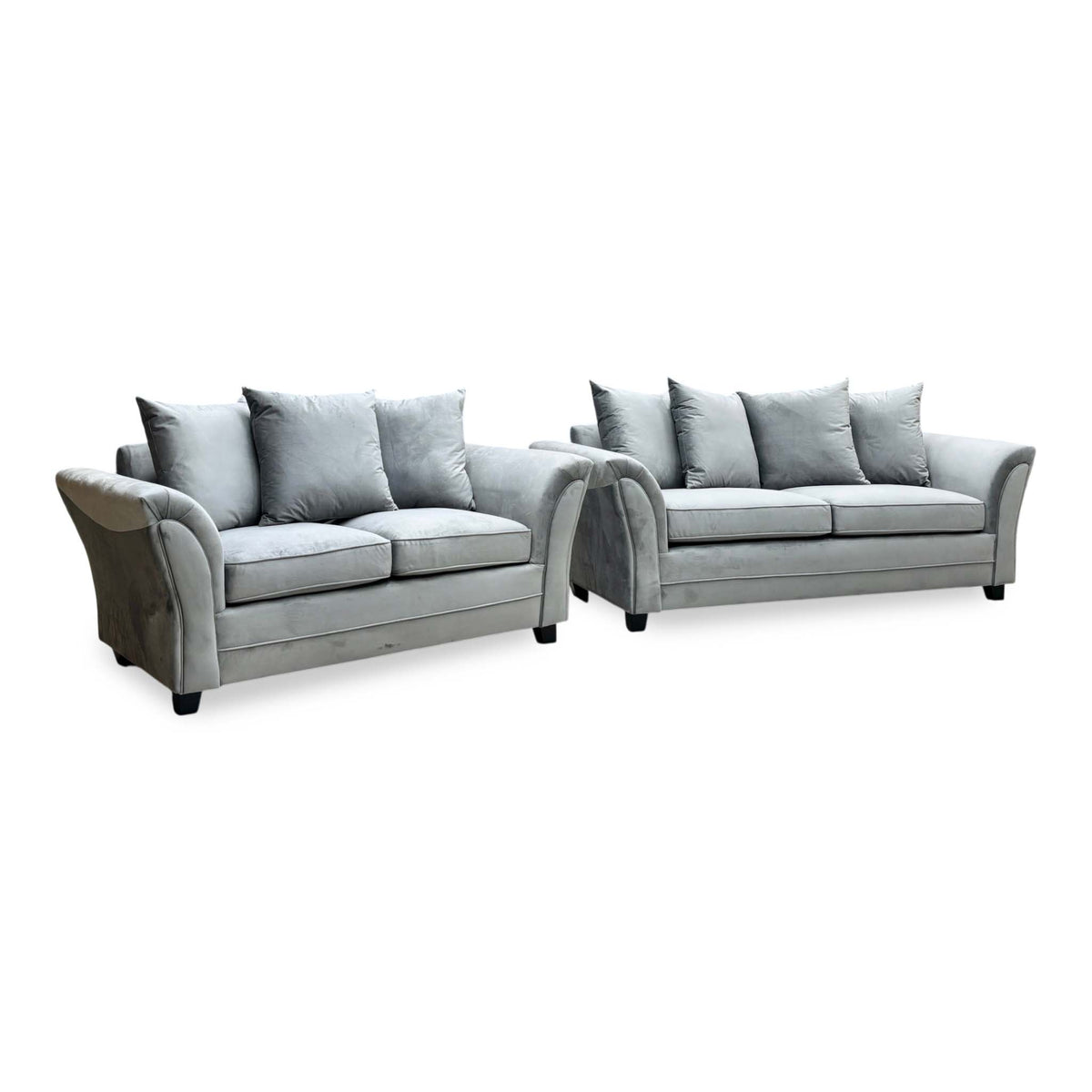 Leila grey velvet 3 + 2 seater scatter back sofa set, angled view with flared arms and dark feet