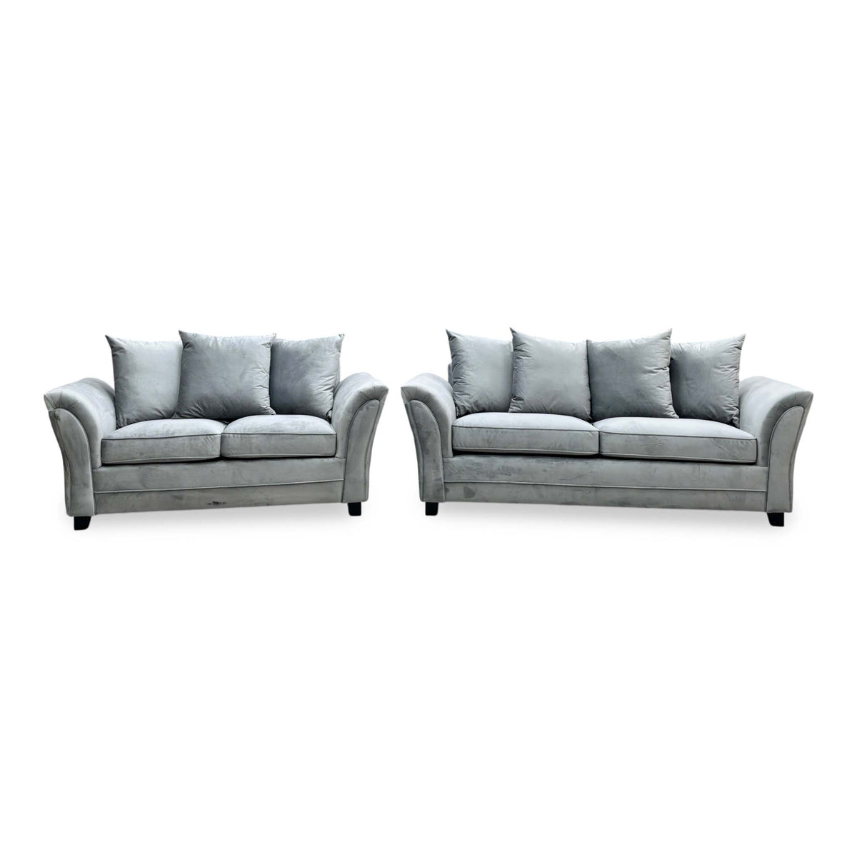 Front view of the Leila grey velvet 3 + 2 seater scatter back sofa set with the 2 seater on the left