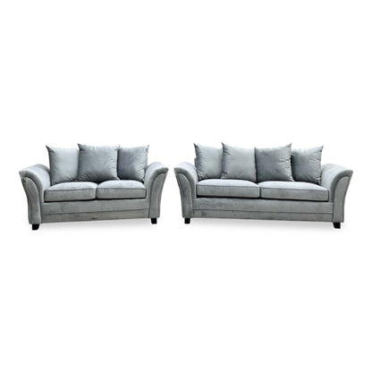 Front view of the Leila grey velvet 3 + 2 seater scatter back sofa set with the 2 seater on the left