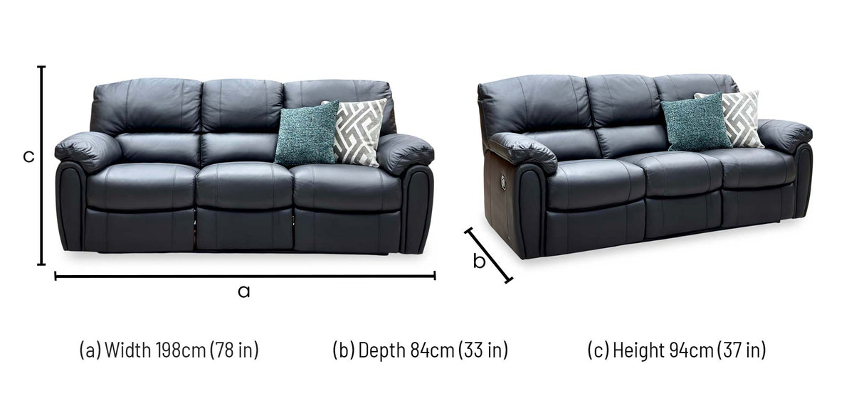 Leighton black faux leather 3 seater recliner sofa dimensions: width 198cm, depth 84cm, height 94cm