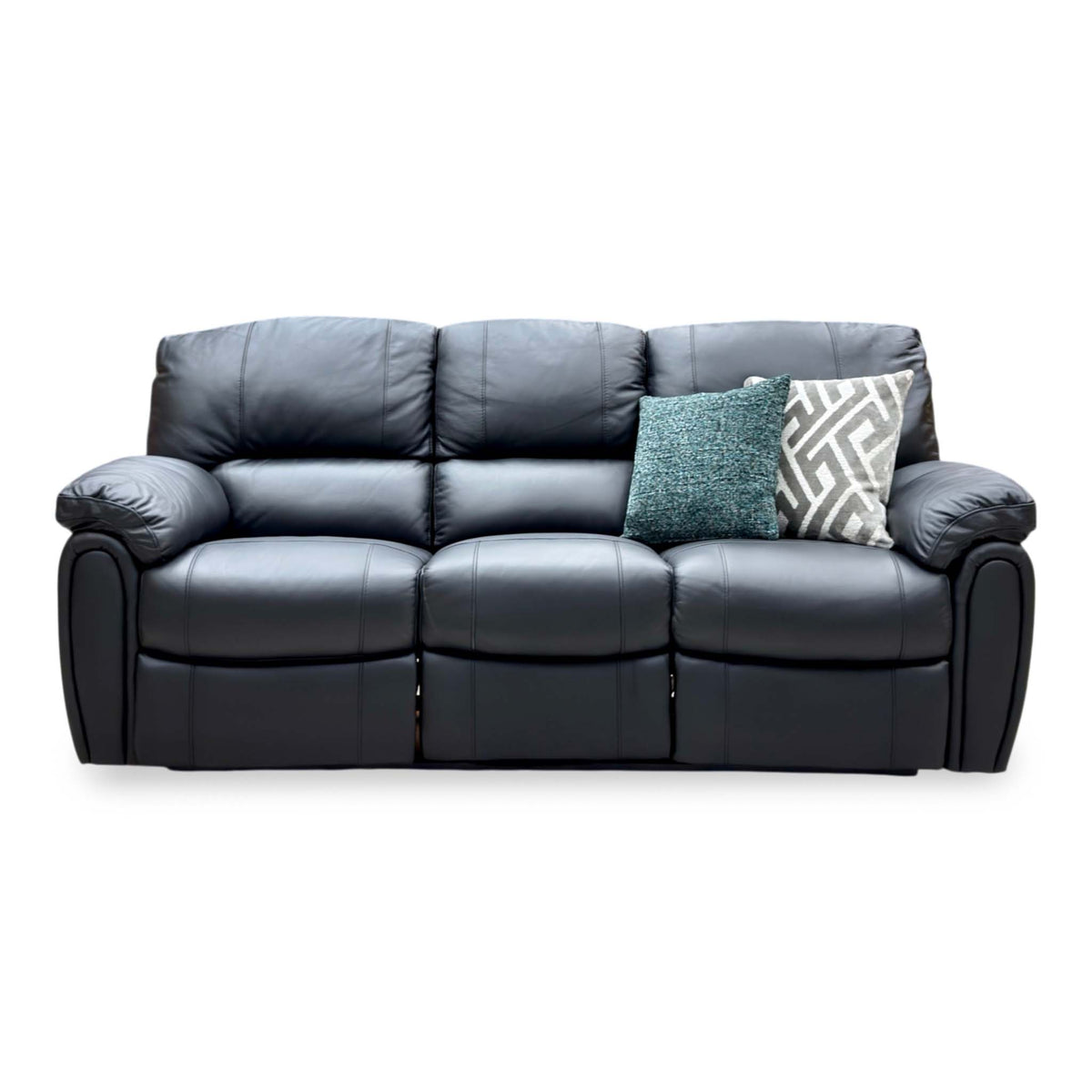Front view of the Leighton black faux leather 3 seater manual recliner sofa with padded arms