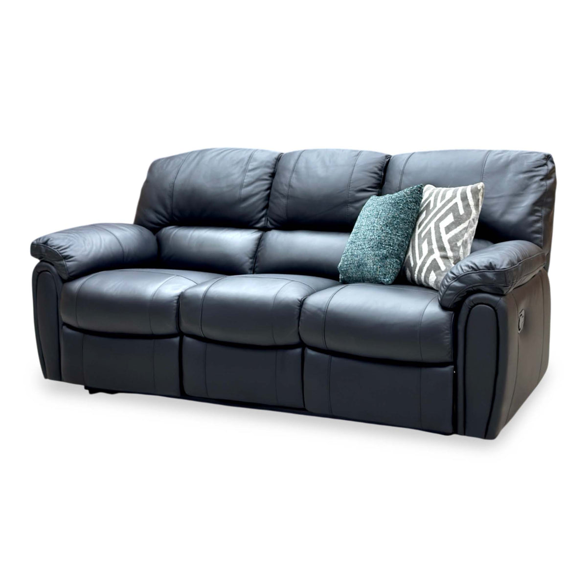 Leighton black faux leather 3 seater recliner sofa angled from the right, showing the manual recline handle on the arm
