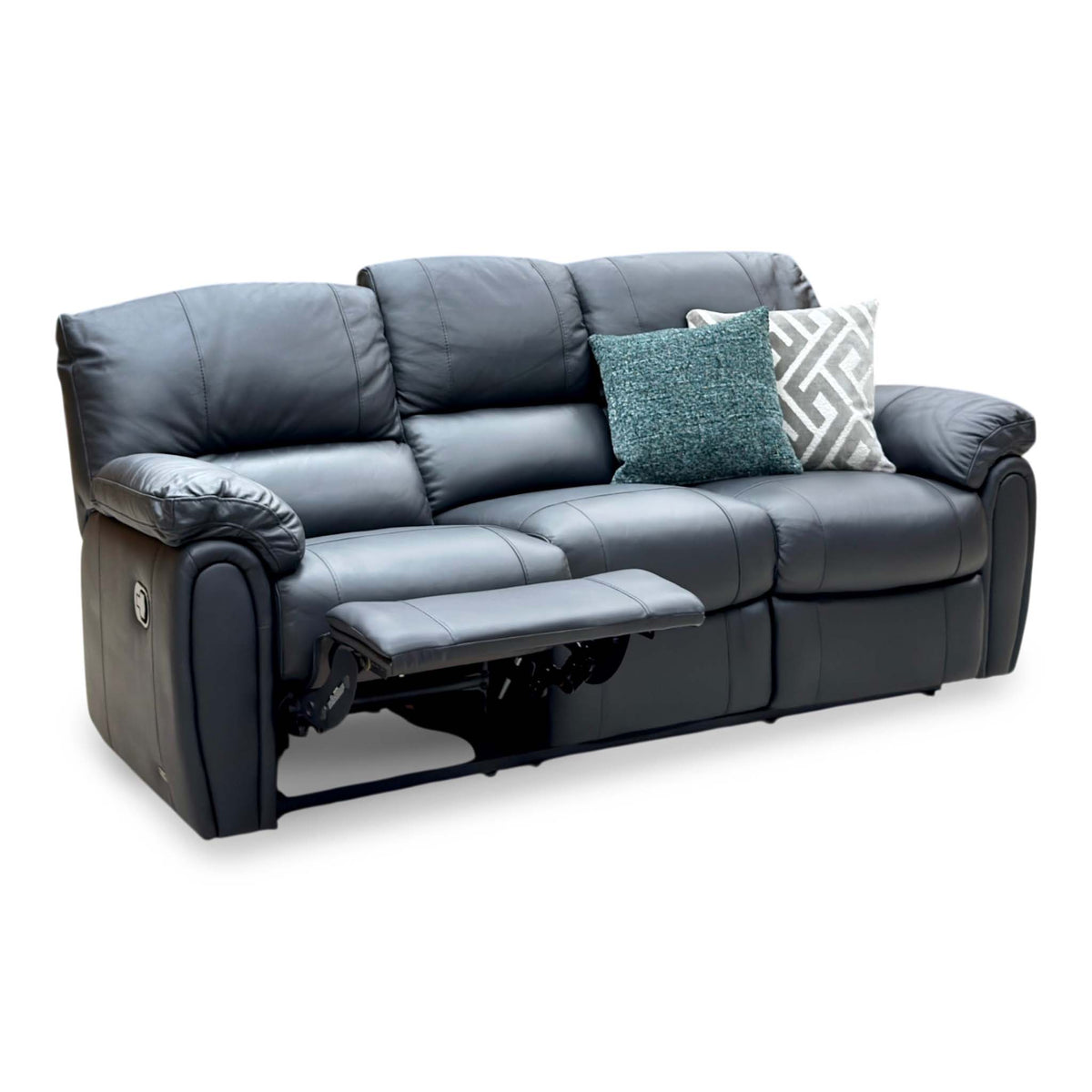 Leighton black faux leather 3 seater recliner sofa, angled view with the left seat reclined and two scatter cushions