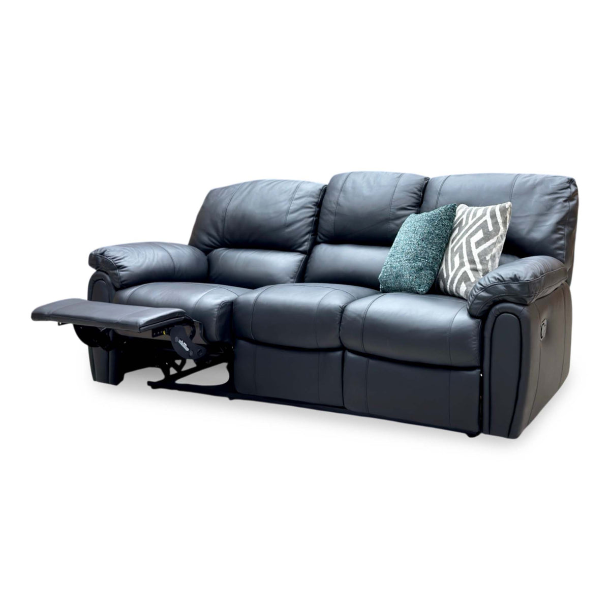 Side angle of the Leighton black faux leather 3 seater recliner sofa with the left end seat reclined