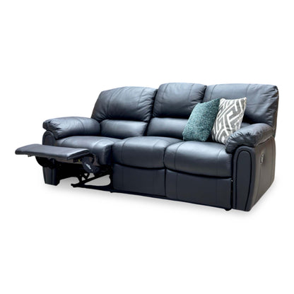 Side angle of the Leighton black faux leather 3 seater recliner sofa with the left end seat reclined