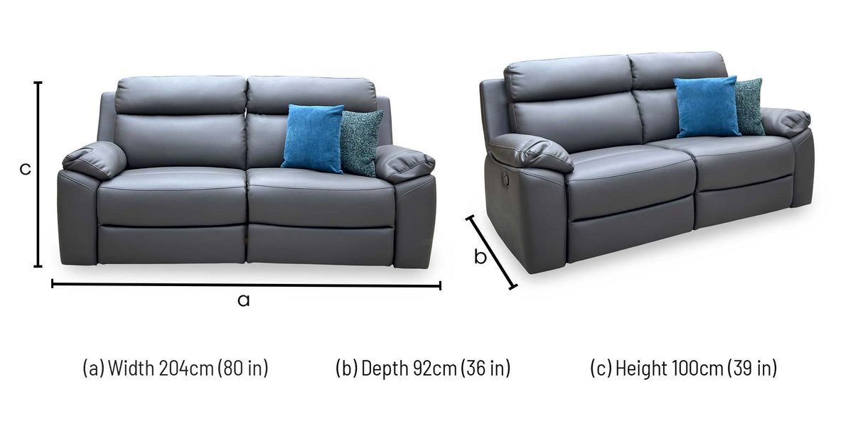 'Edison' Charcoal Grey Luxury Faux Leather 3 Seater Manual Recliner Sofa