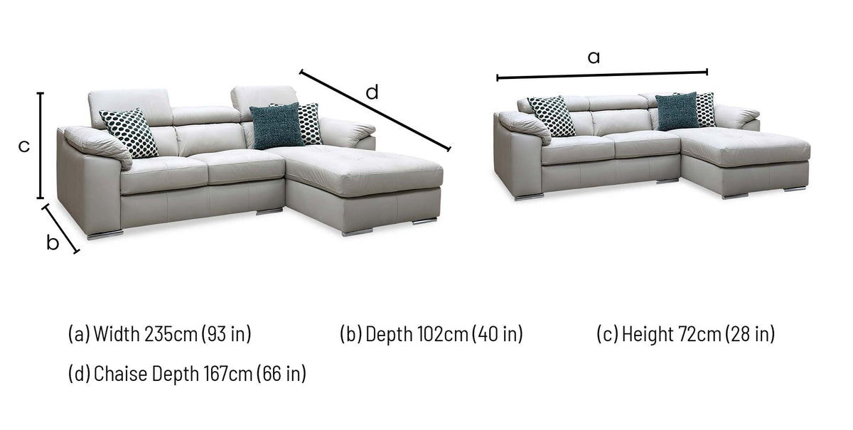 Brady grey leather chaise sofa dimensions: width 235cm, depth 102cm, height 72cm, chaise depth 167cm