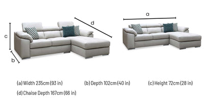 Brady grey leather chaise sofa dimensions: width 235cm, depth 102cm, height 72cm, chaise depth 167cm