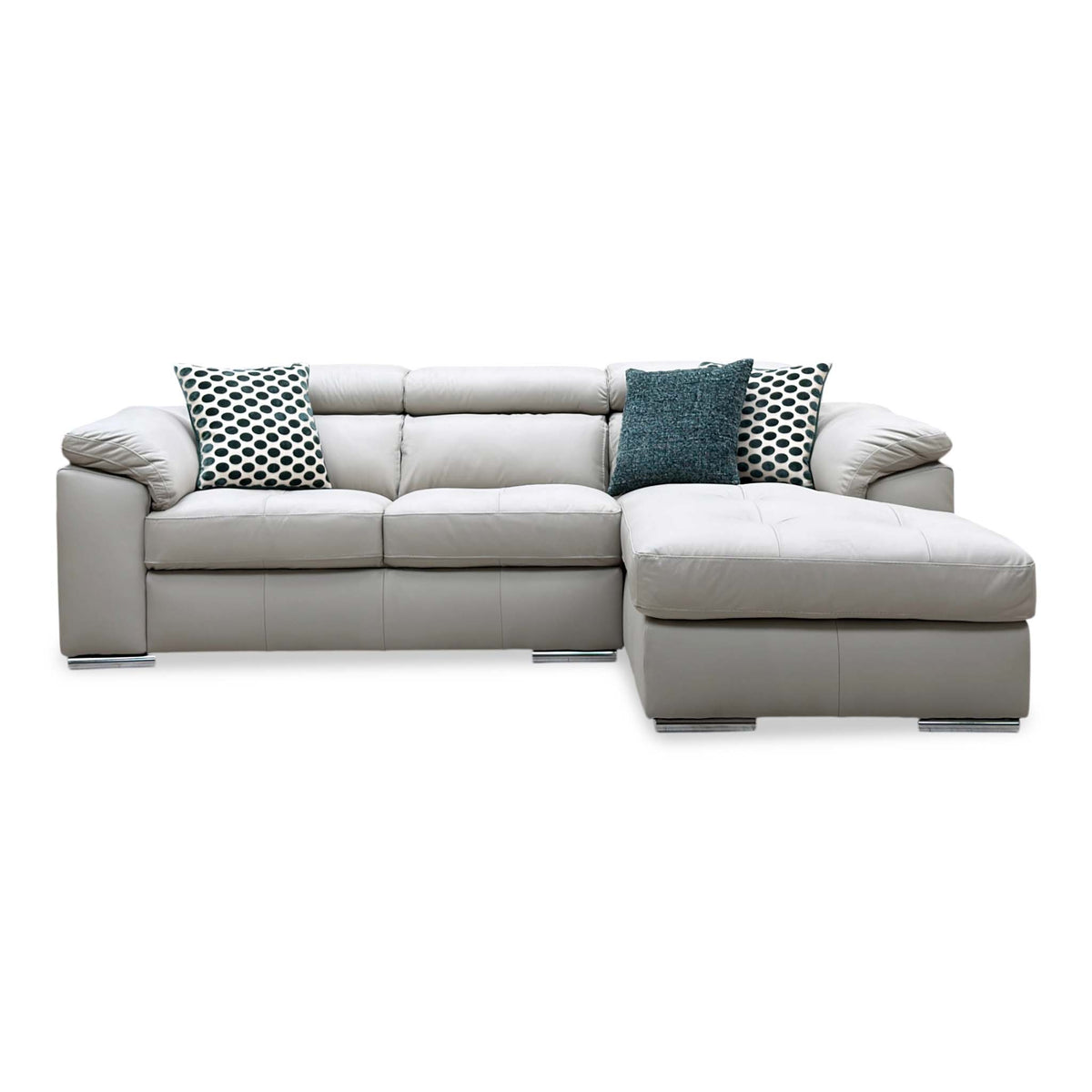 Front view of the Brady grey leather 3 seater sofa with the chaise on the right and headrests raised