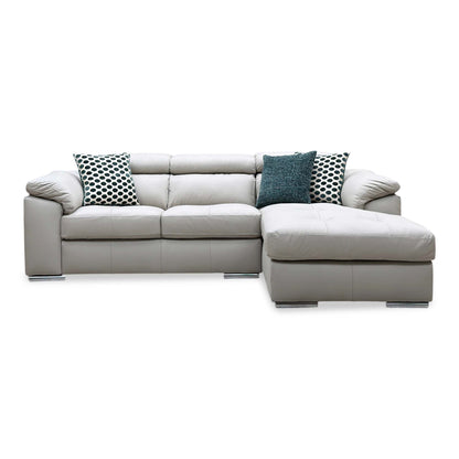 Front view of the Brady grey leather 3 seater sofa with the chaise on the right and headrests raised