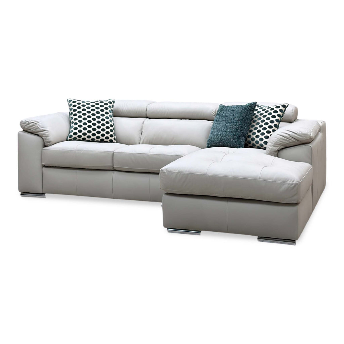 Side angle of the Brady grey leather chaise sofa taken from the chaise end