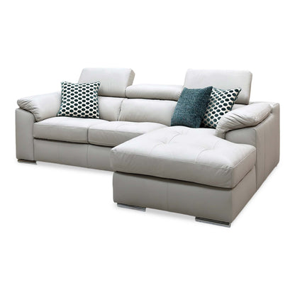 Brady grey leather chaise sofa angled from the right with the chaise in the foreground