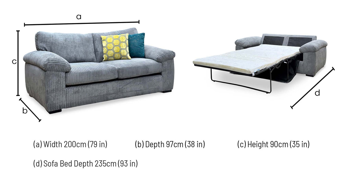 Amalfi’ Slate Grey Jumbo Cord Fabric Standard Back 3 Seater Sofa Bed