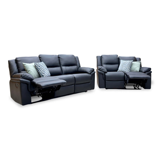 Albion black faux leather 3 + 2 seater high back manual recliner sofa set with one seat on each reclined