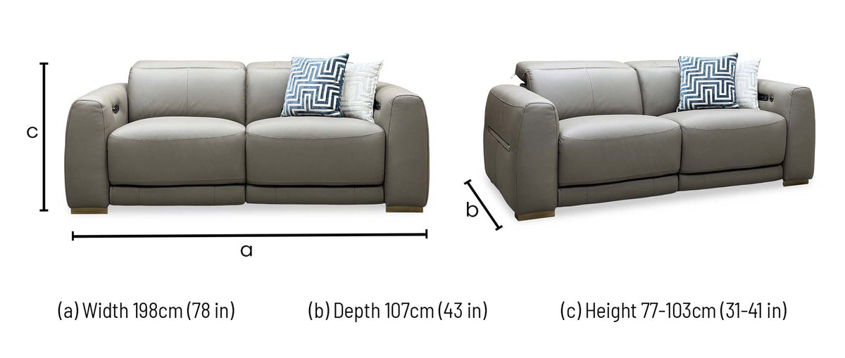Edison taupe leather 3 seater power recliner sofa dimensions: width 198cm, depth 107cm, height 77-103cm