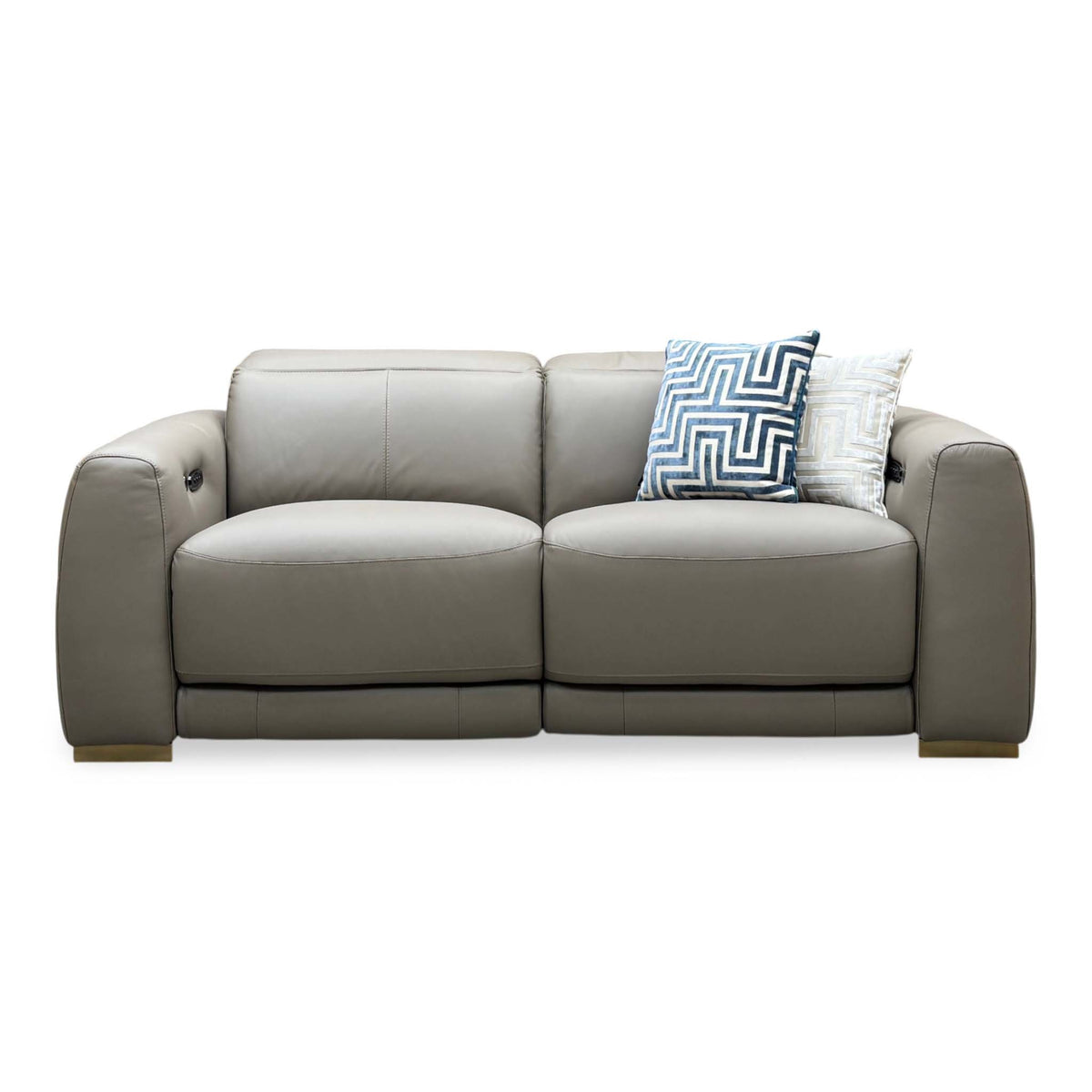 Front view of the Edison taupe leather 3 seater power recliner sofa with headrests lowered