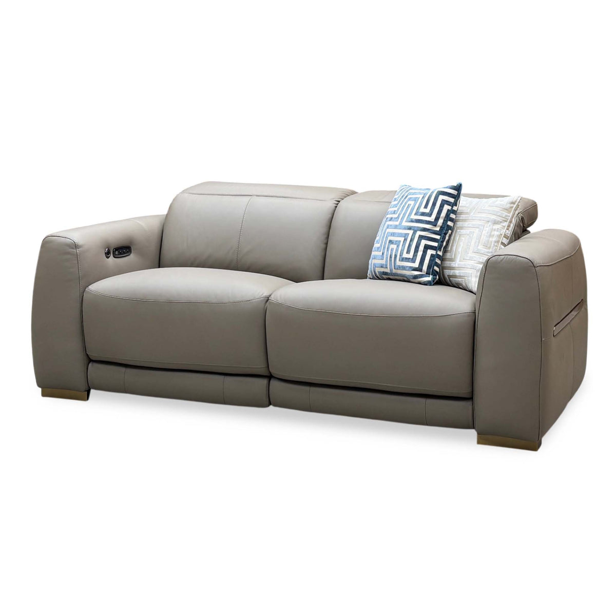 Side angle of the Edison taupe leather 3 seater sofa showing the power controls on the arm