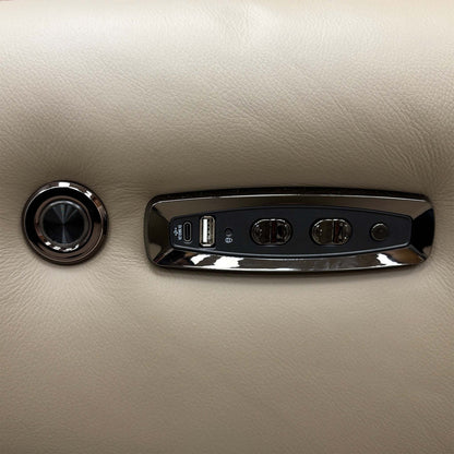 Close-up of the Edison sofa power recliner controls with USB port and round light button