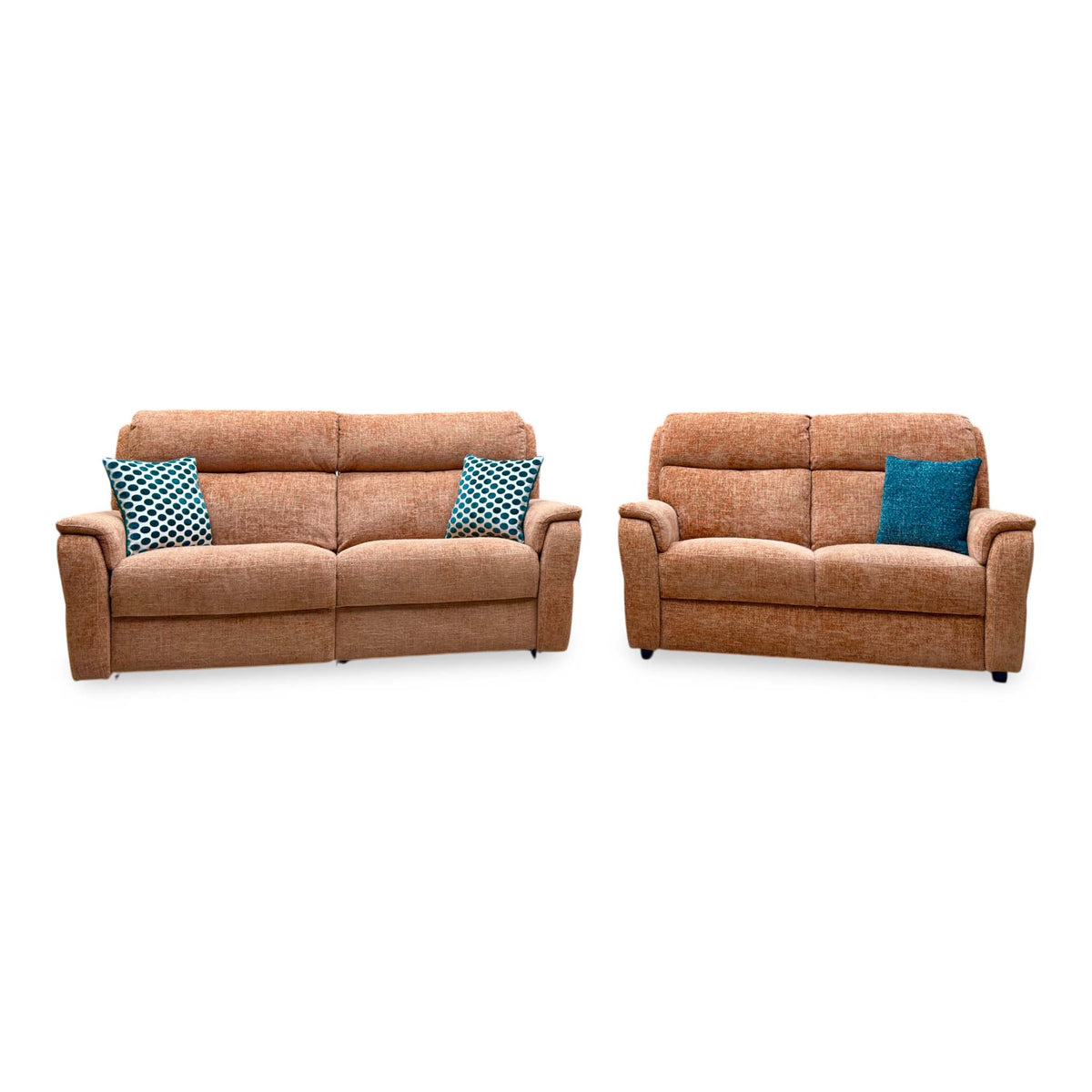 Front view of the Nicoletti Vito orange fabric 3 seater and 2 seater sofas with teal scatter cushions