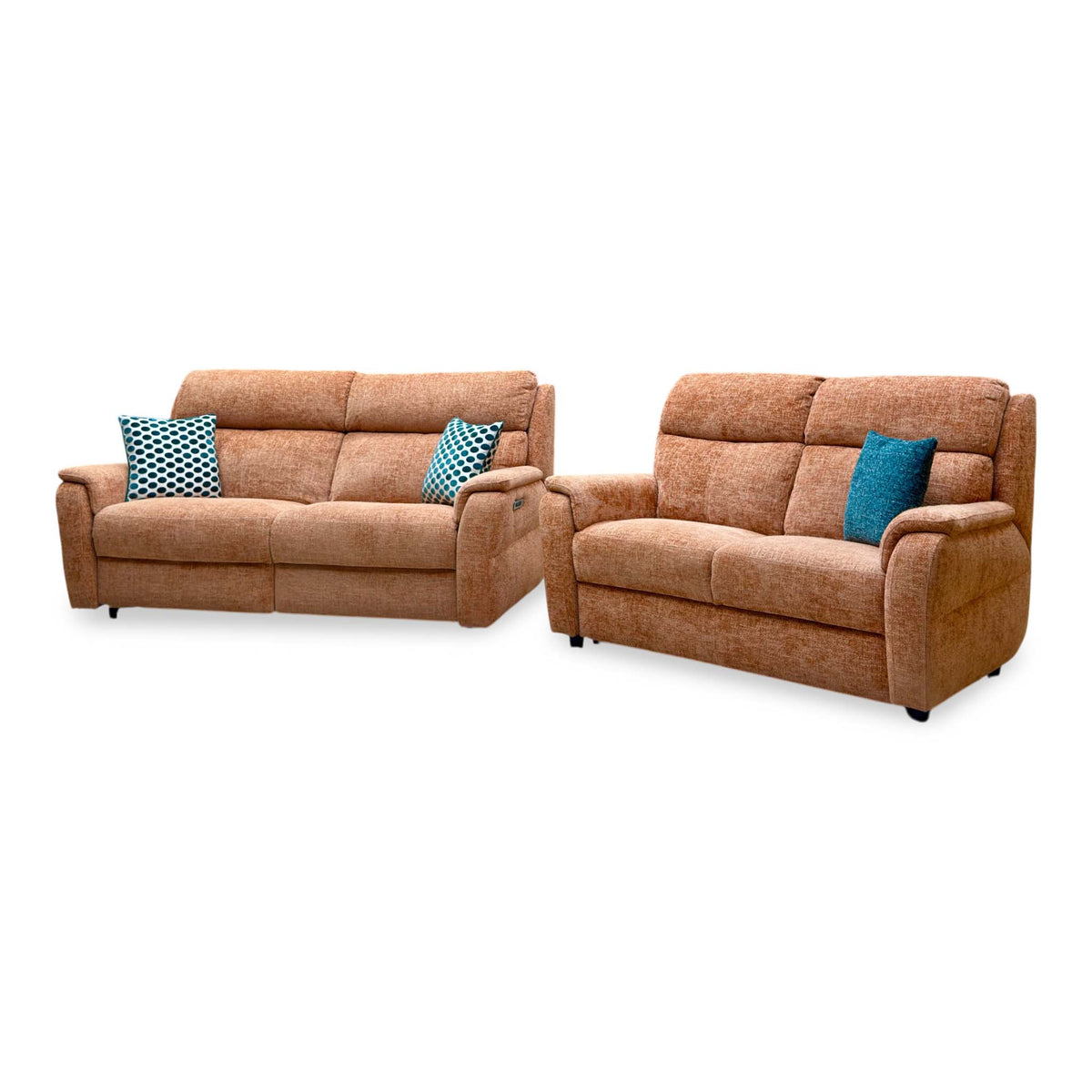 Nicoletti Vito orange fabric 3 seater and 2 seater sofas, angled view from the right