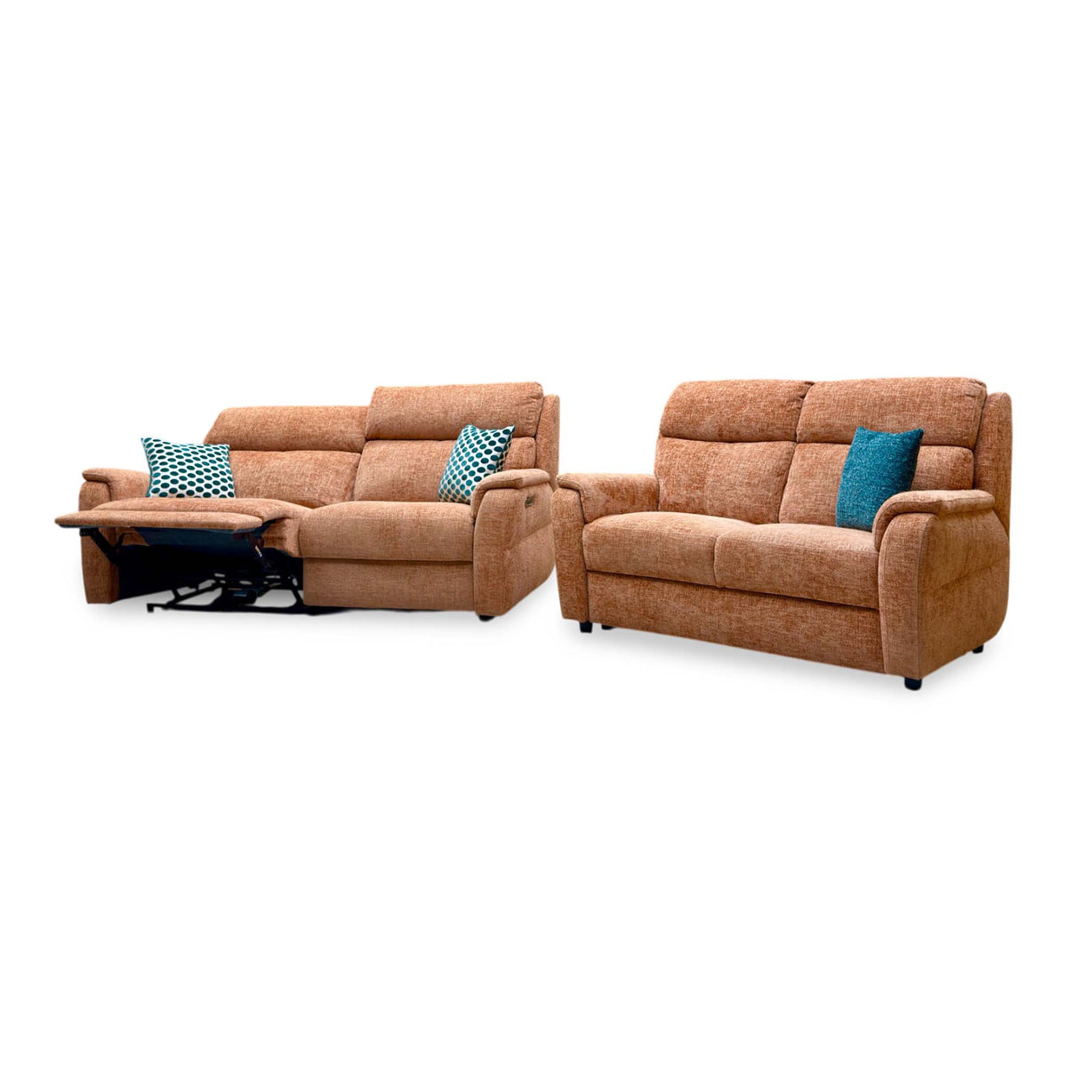 Nicoletti Vito orange fabric 3 seater sofa with the left seat fully reclined, 2 seater alongside