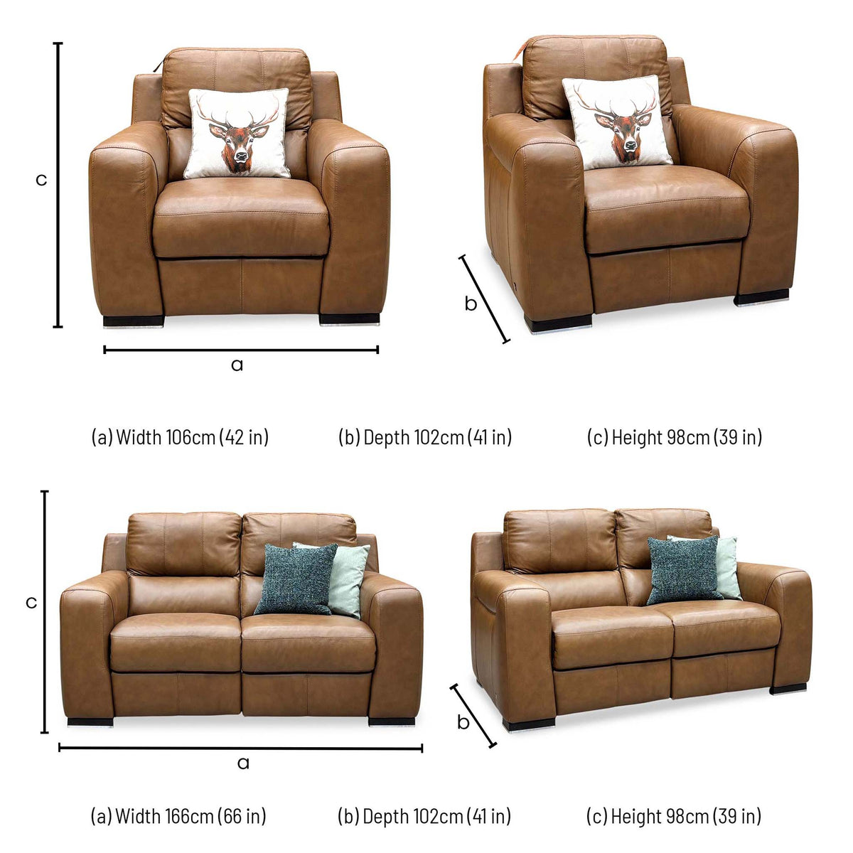 Marinelli Viali bark brown leather set dimensions: chair 106 x 102 x 98cm, 2 seater sofa 166 x 102 x 98cm