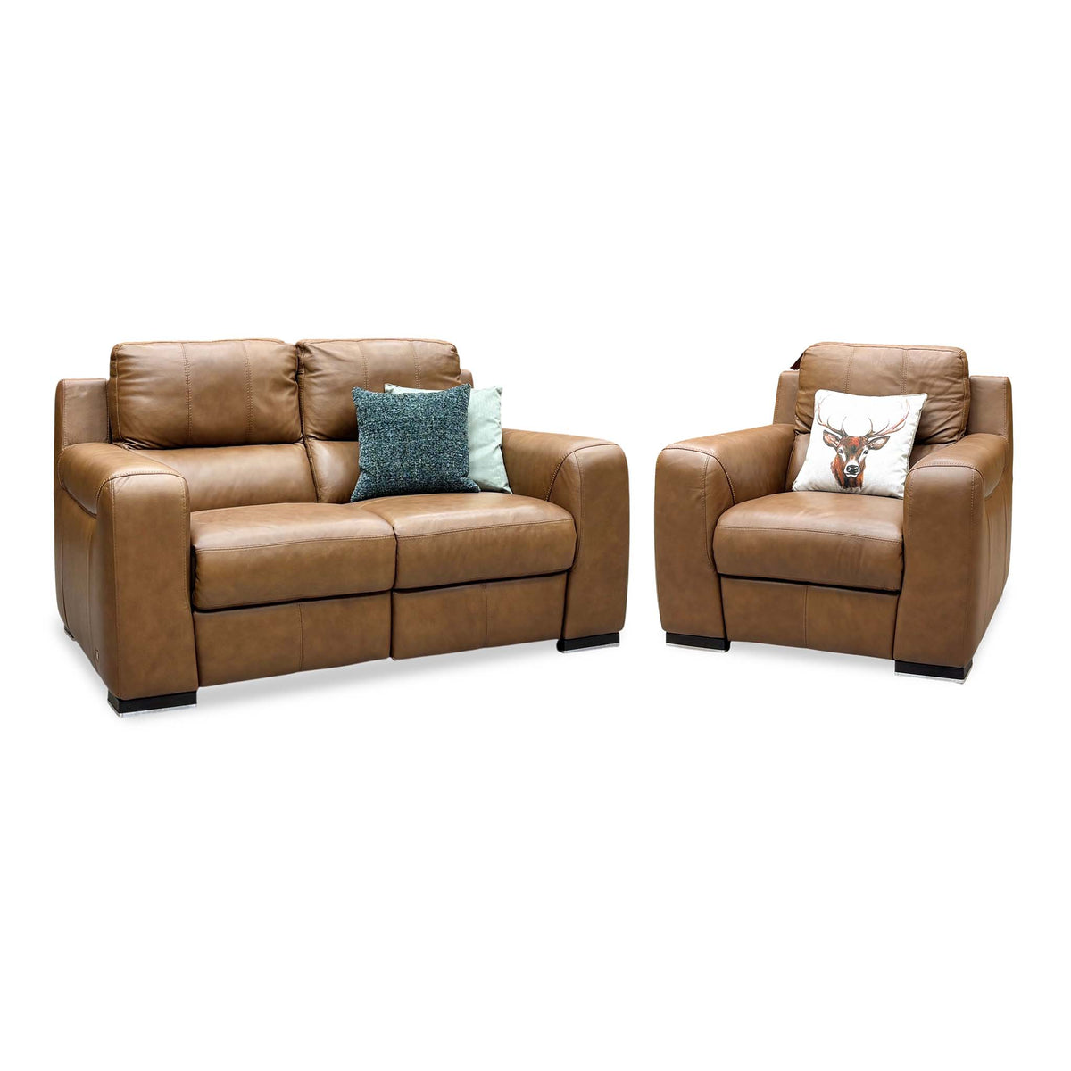 Angled view of the Marinelli Viali bark brown leather 2 seater power recliner sofa and chair upright, sofa on the left