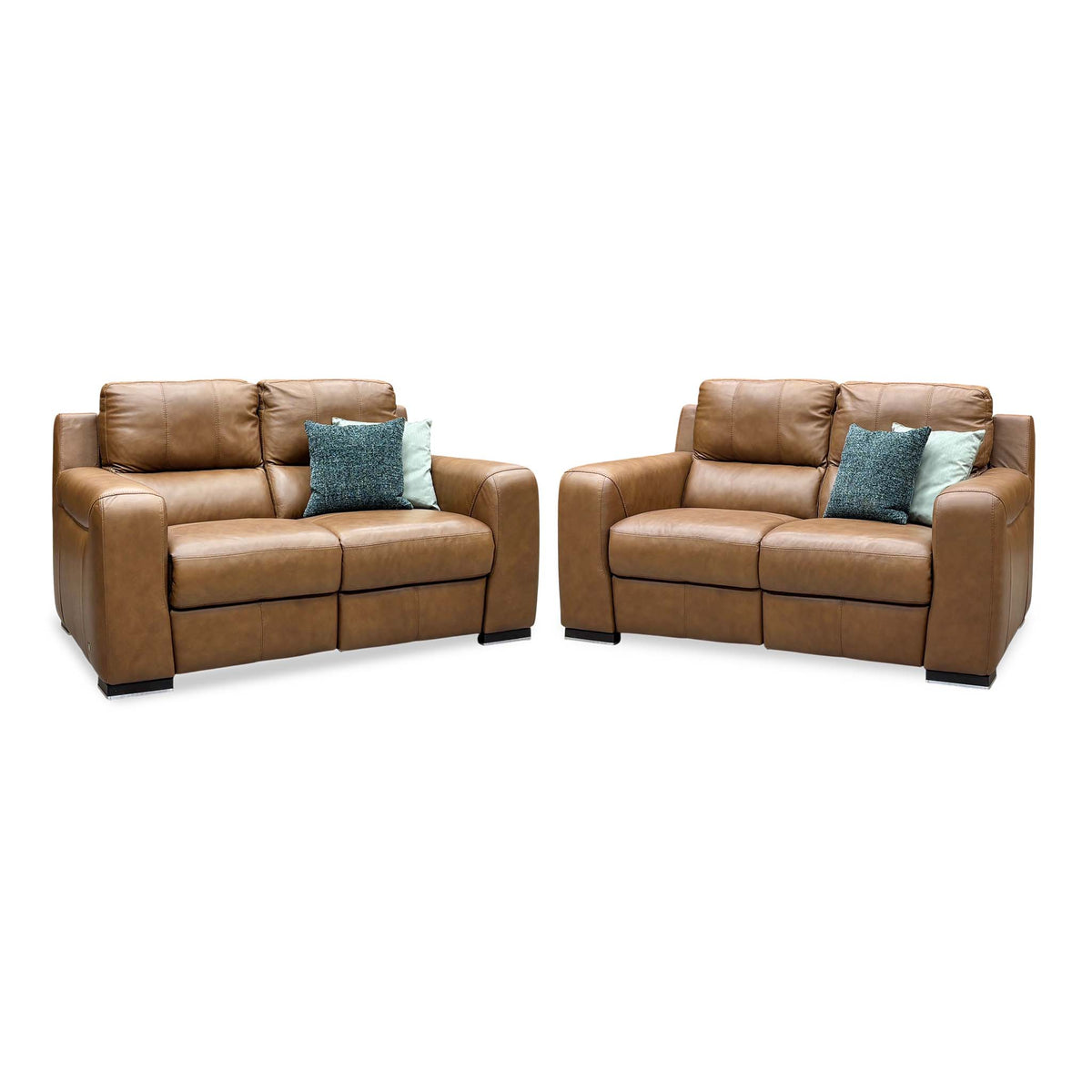Marinelli Viali bark brown leather 2 + 2 seater power recliner sofa set, angled view with teal cushions