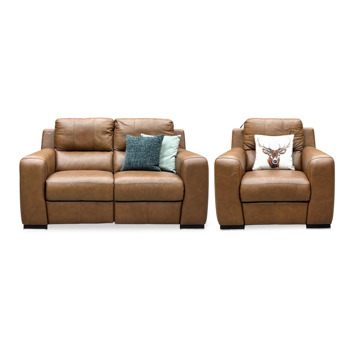 Front view of the Marinelli Viali bark brown leather 2 seater power recliner sofa and chair with scatter cushions