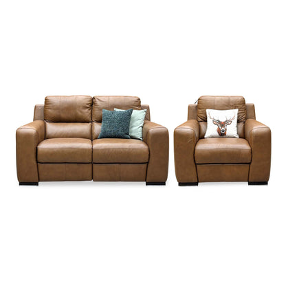 Front view of the Marinelli Viali bark brown leather 2 seater power recliner sofa and chair with scatter cushions